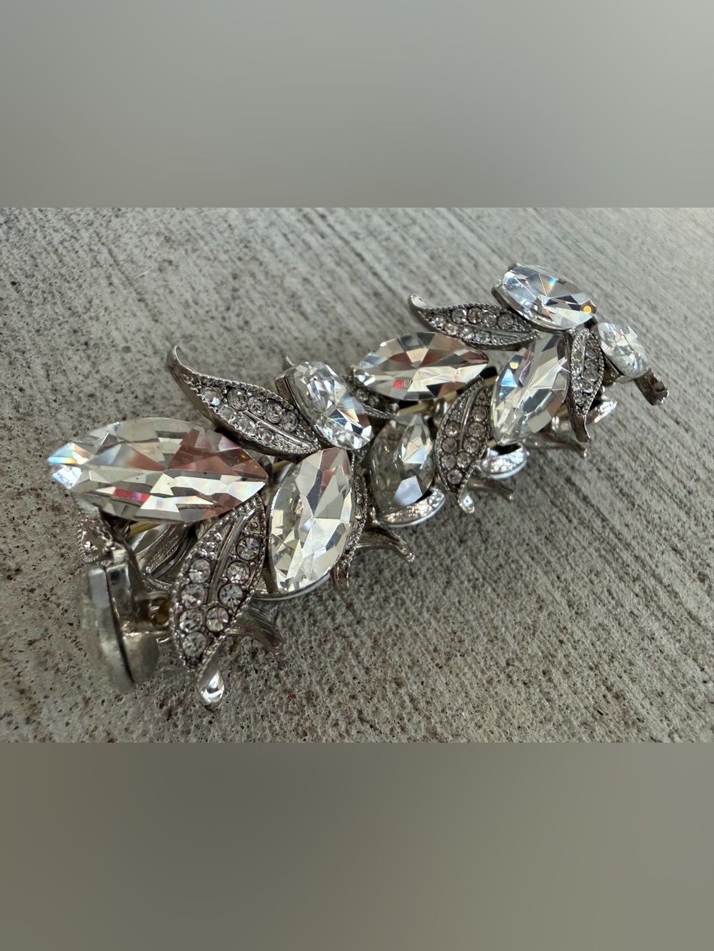 Crystal Rhinestone Stretch Bracelet Silver Tone Marquise Leaf Wedding Bridal